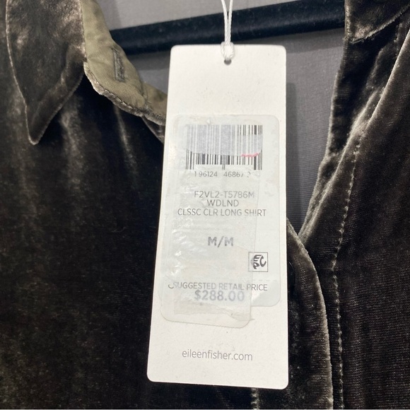 NEW Eileen Fisher Medium Long Sleeve Velvet Shirt Woodland Green Button High Low - Picture 11 of 14